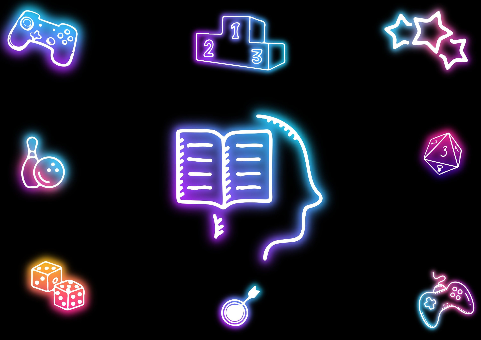Gamification of learning — a glowing neon icon collage on black: a learning mind with an open book at the centre, surrounded by a game controller, a 1-2-3 winner's podium, stars, a twenty-sided die, a target with a bullseye arrow, two six-sided dice, a wired controller and a bowling pin and ball.